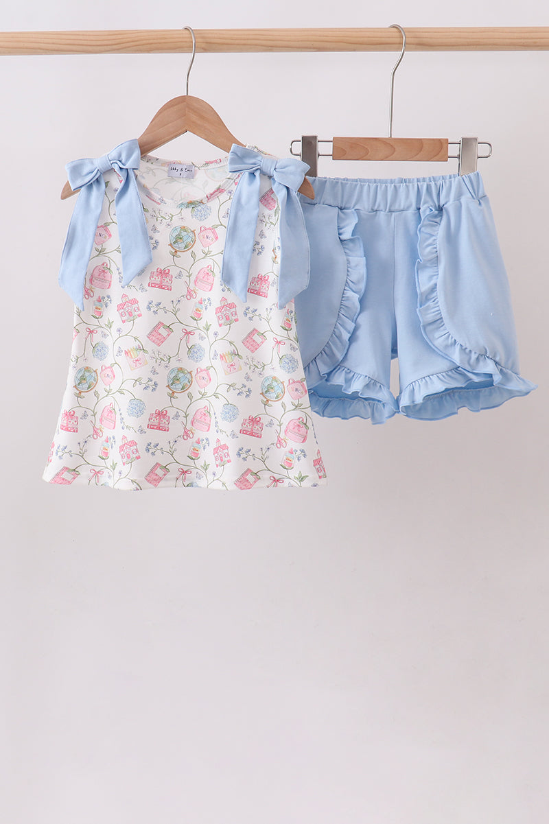 Blue Hydrangea Ruffle Shorts Set