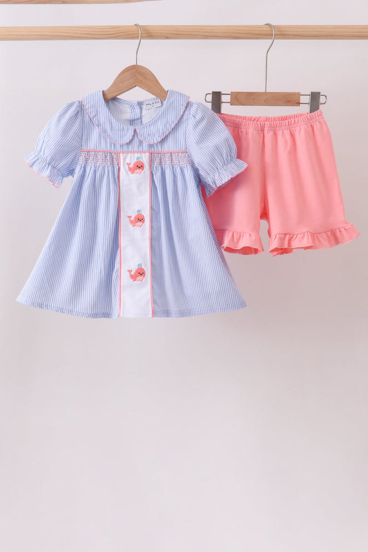 Blue Whale Smocked Seersucker Shorts Set