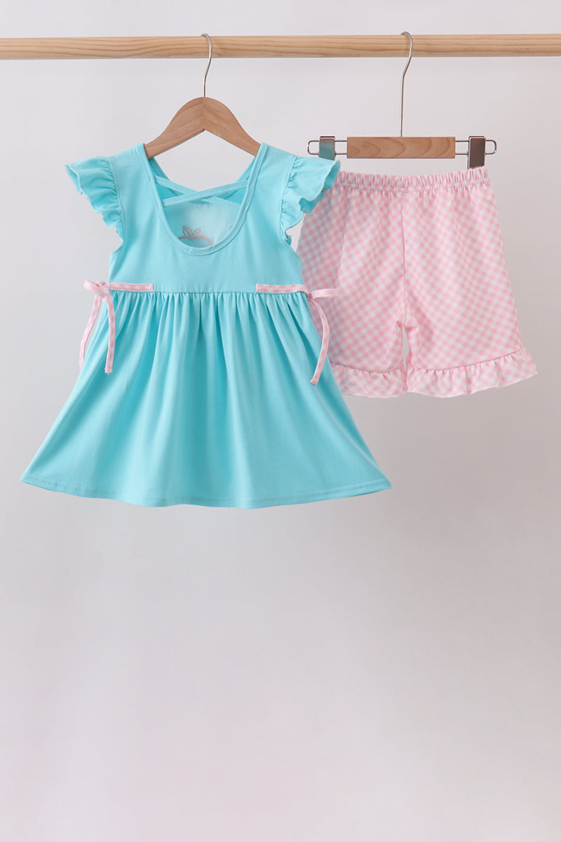 Blue Apple Applique Shorts Set
