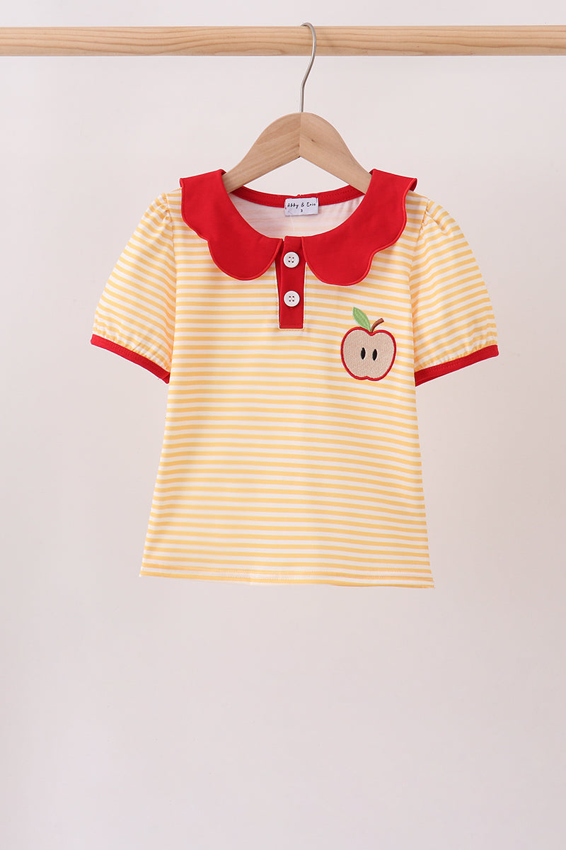 Mustard Stripe Apple Embroidered Top