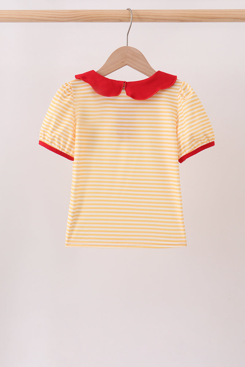 Mustard Stripe Apple Embroidered Top