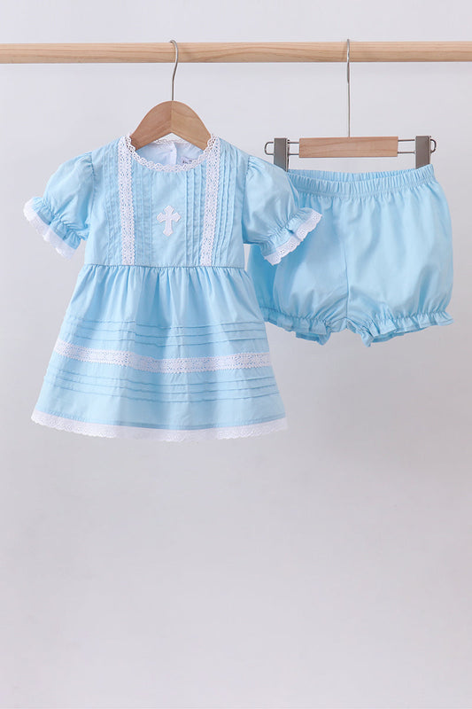 Blue cross embroidery lace bloomer set