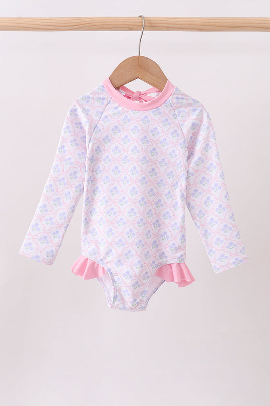 Pink floral print ruffle rashguard