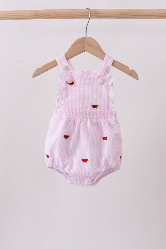 Pink stripe watermelon embroidery seersucker ruffle bubble