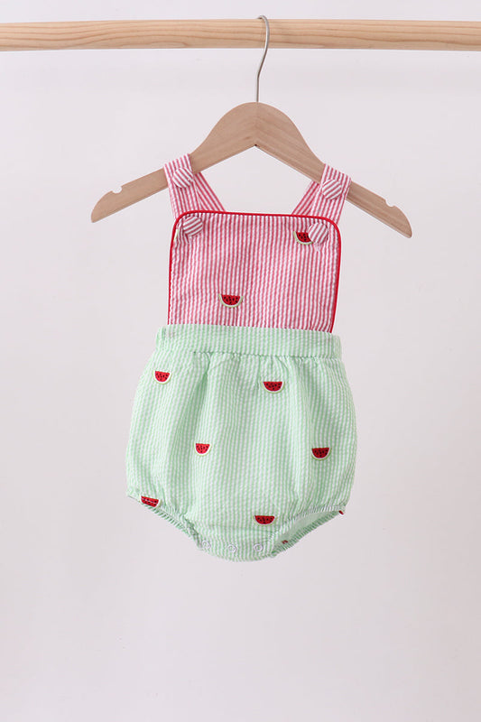 Red stripe watermelon embroidery seersucker bubble