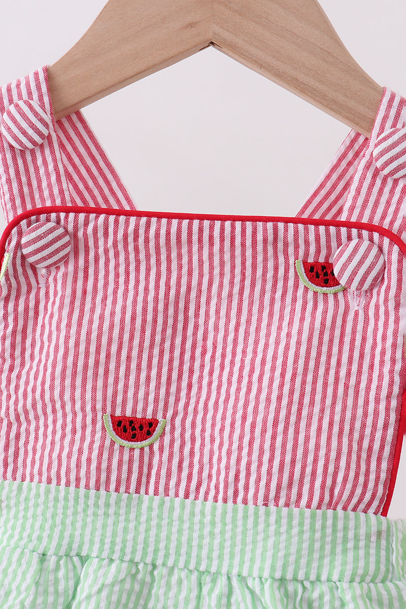 Red stripe watermelon embroidery seersucker bubble