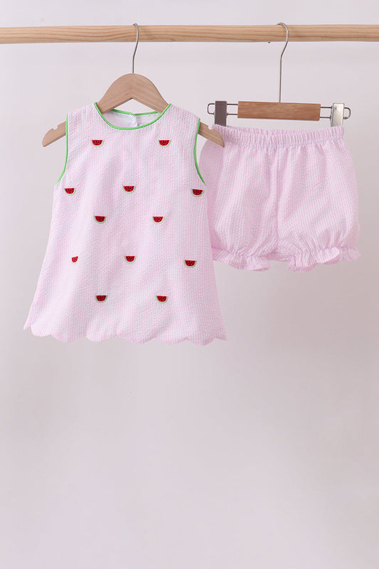 Pink stripe watermelon embroidery seersucker shorts set