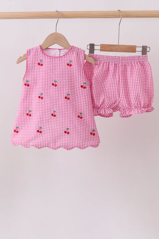 Pink cherry gingham shorts set