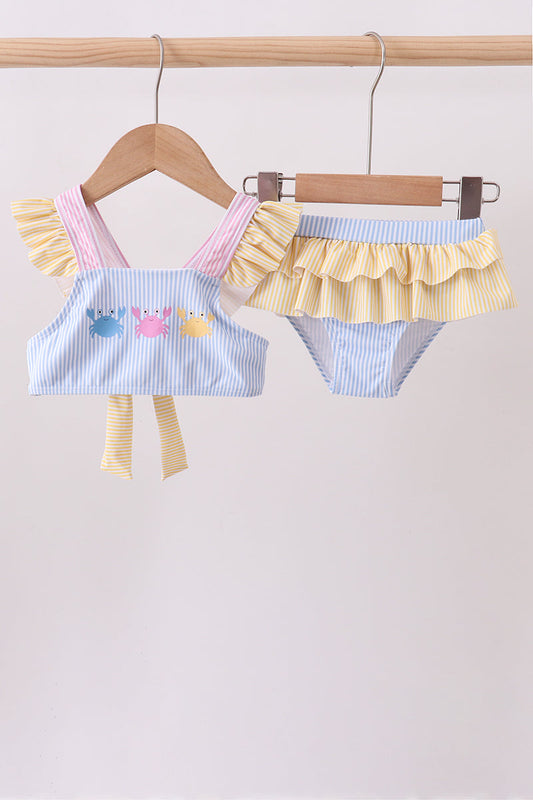 Colorblock crab embroidery ruffle 2pc swimsuit