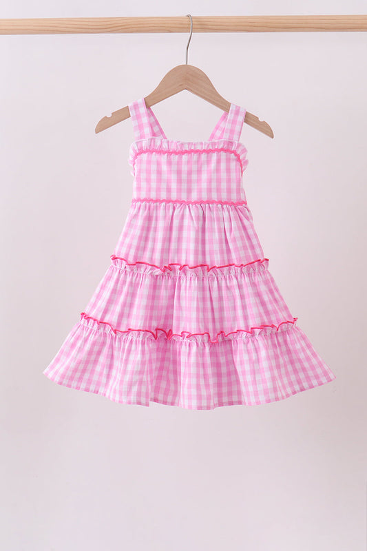 Pink gingham ruffle tiered dress