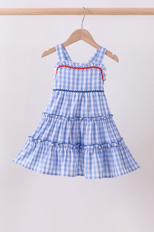 Blue gingham ruffle tiered dress
