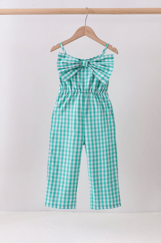 Green bow gingham jumpsuit
