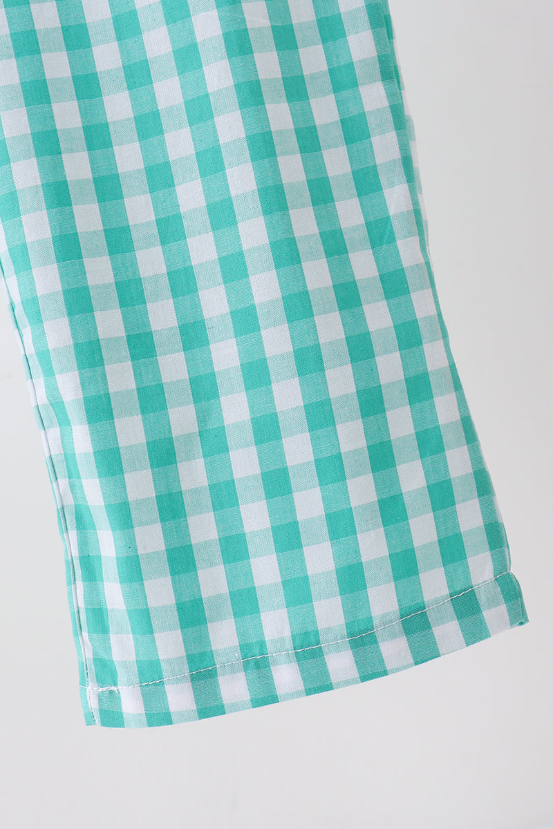 Green bow gingham jumpsuit