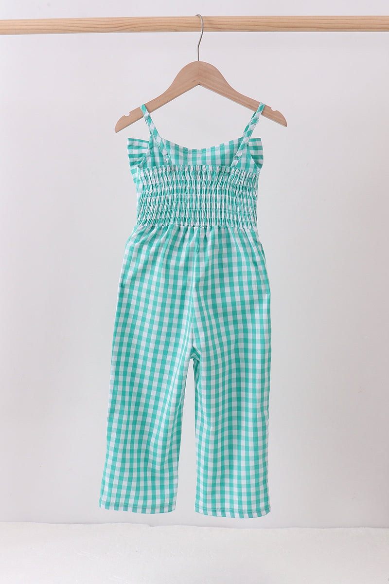 Green bow gingham jumpsuit