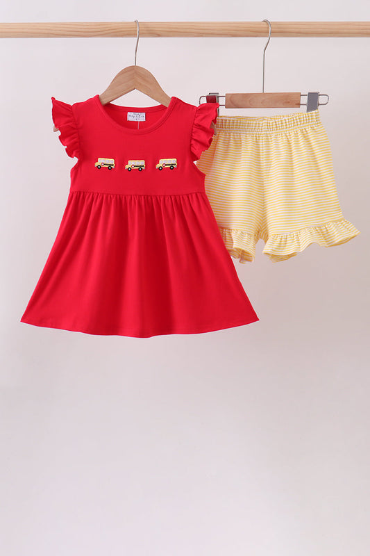 Red School bus Smocked Ruffle Shorts set