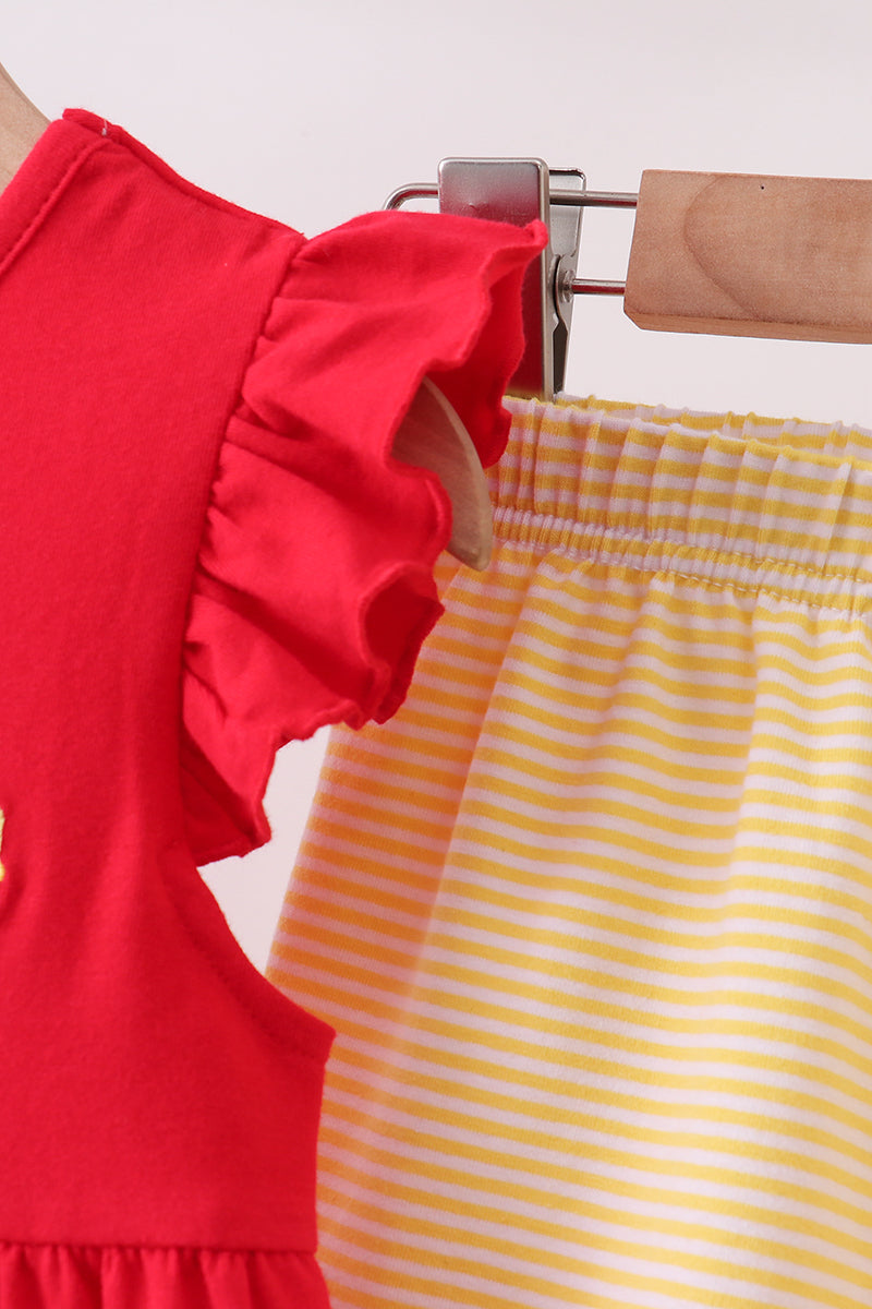 Red School bus Smocked Ruffle Shorts set