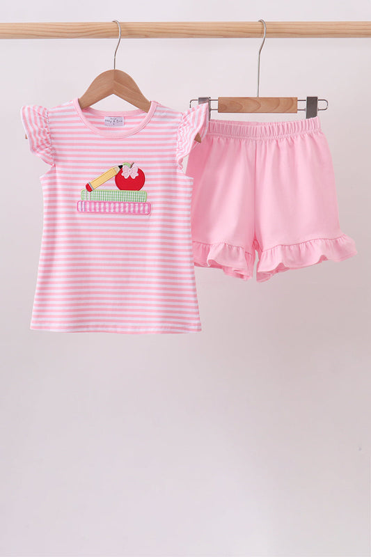Pink Apple Pencil Embroidery Short Set
