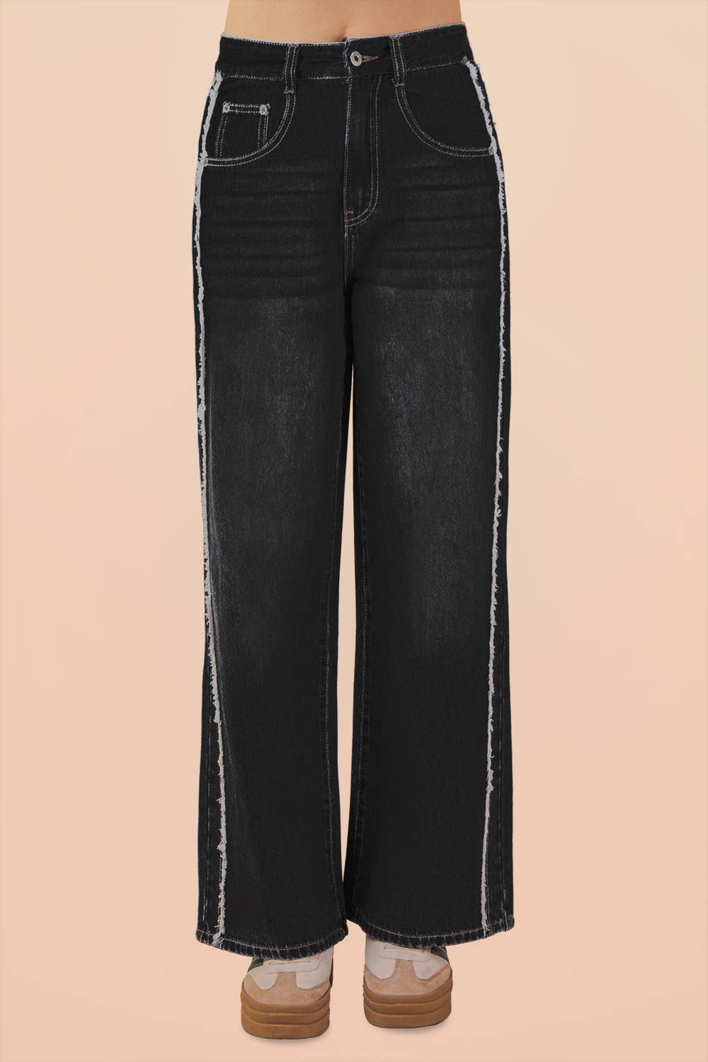 VJP90037-VERY JEAN Frayed Detail Washed Denim Pants