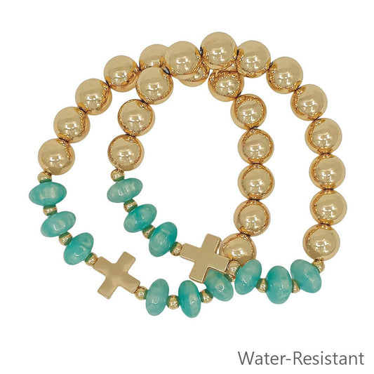 Set of 2 Gold Beaded with Mint Crystals and Gold Cross Stretch Bracelets