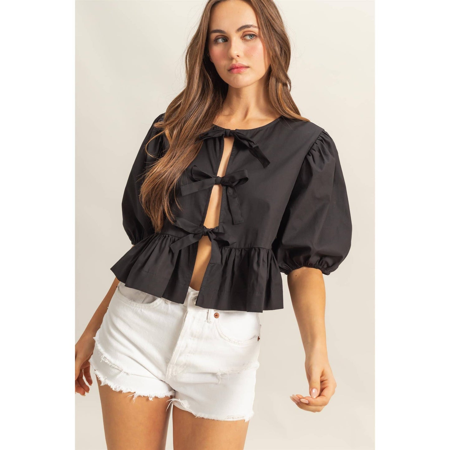 HF25E187-Ribbon Tie Open Front Peplum Top