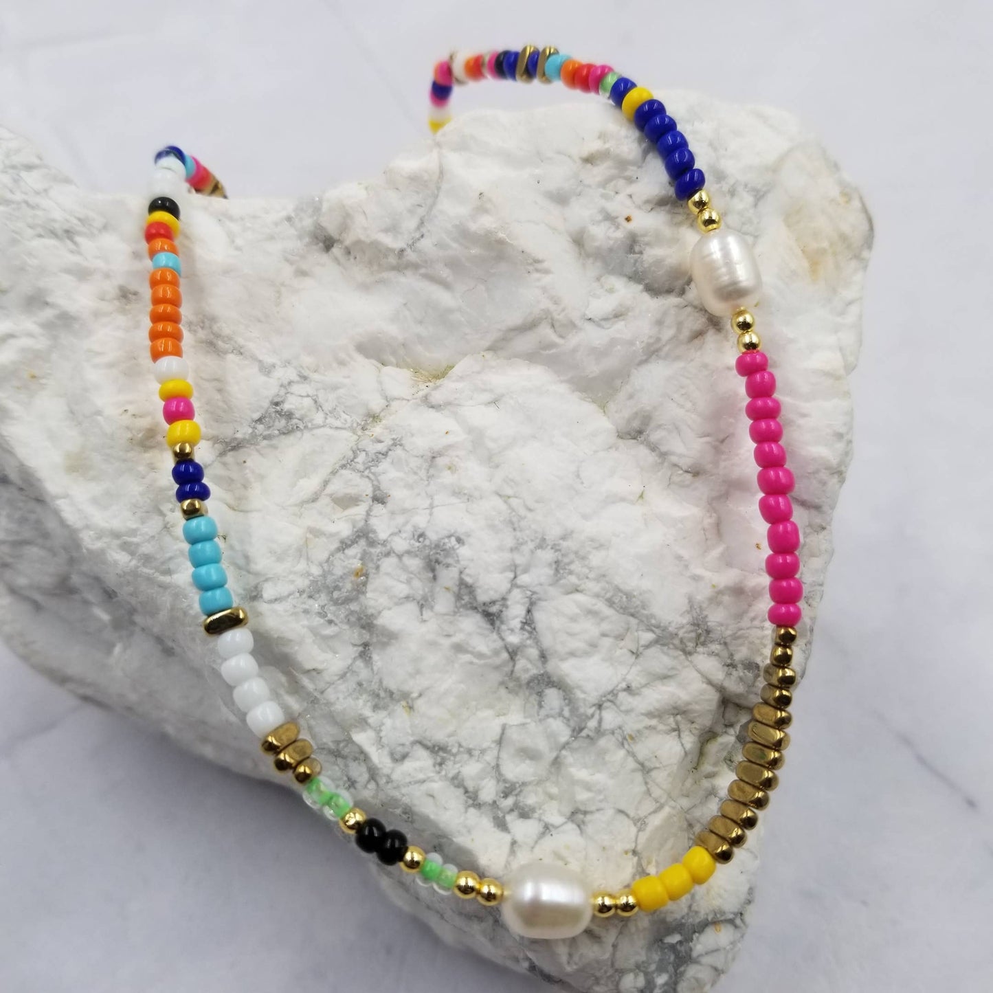 Bohemian Rainbow Beaded Pearl Necklace