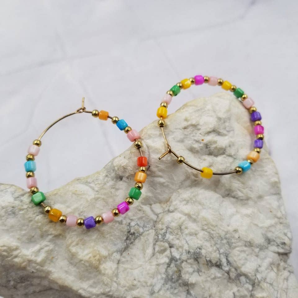 Multicolor Bead Hoop Earrings