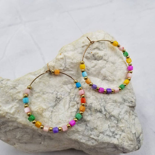 Multicolor Bead Hoop Earrings