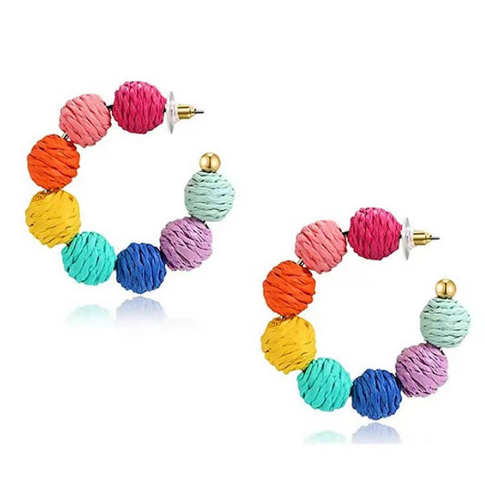 Rattan Ball Hoop Earrings in Multicolor and Pink for Summer